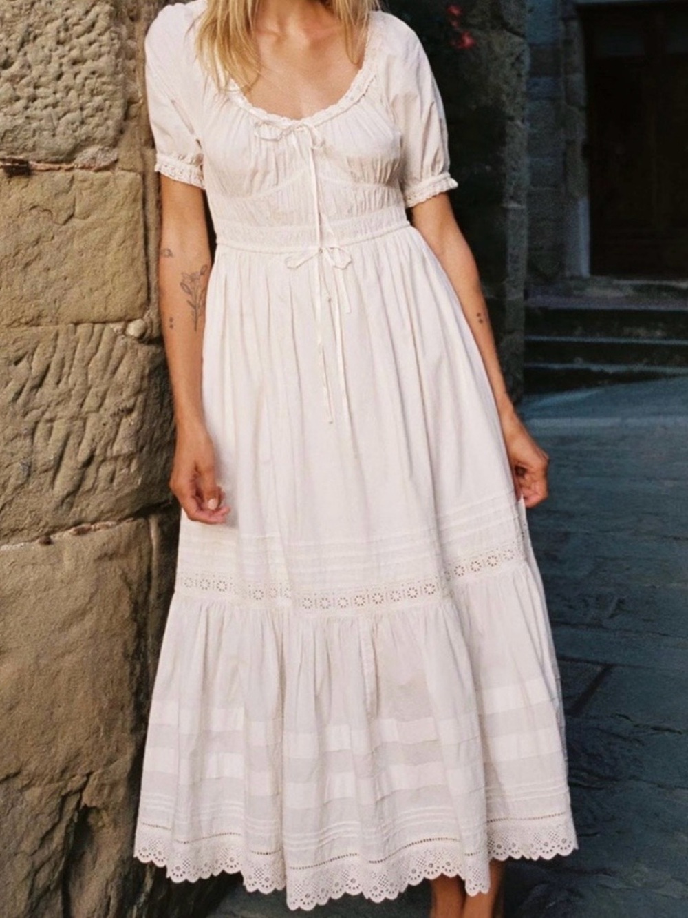 Christy Dawn Cream Eyelet Midi Dress with Smocked Waist